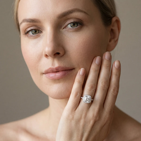 10K White Gold 2.55 Carat E VS1 Cushion Diamond Halo Ring with Split Shank and Four-Prong Setting