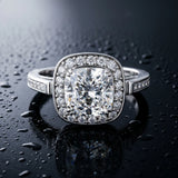 10K White Gold 2.55 Carat E VS1 Cushion Diamond Halo Ring with Split Shank and Four-Prong Setting