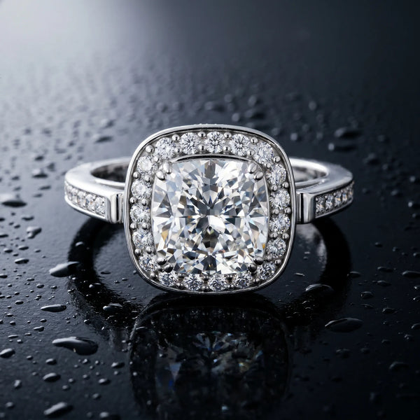 10K White Gold 2.55 Carat E VS1 Cushion Diamond Halo Ring with Split Shank and Four-Prong Setting