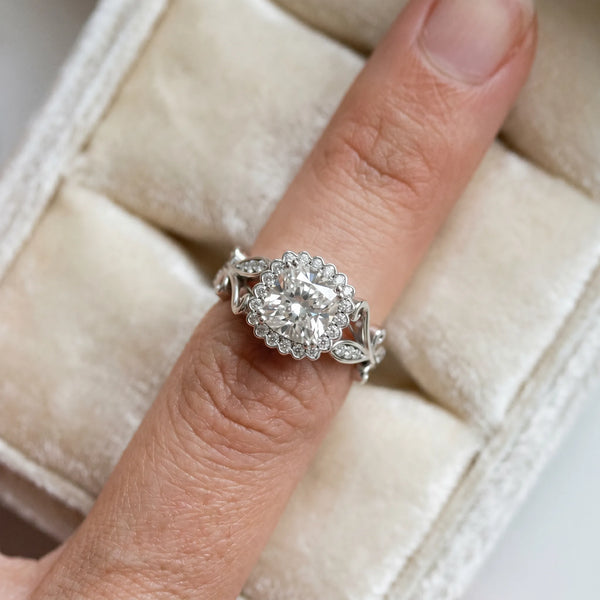 White gold Cushion Cut Diamond Halo Ring with Vintage Split Shank and Four-Prong Setting