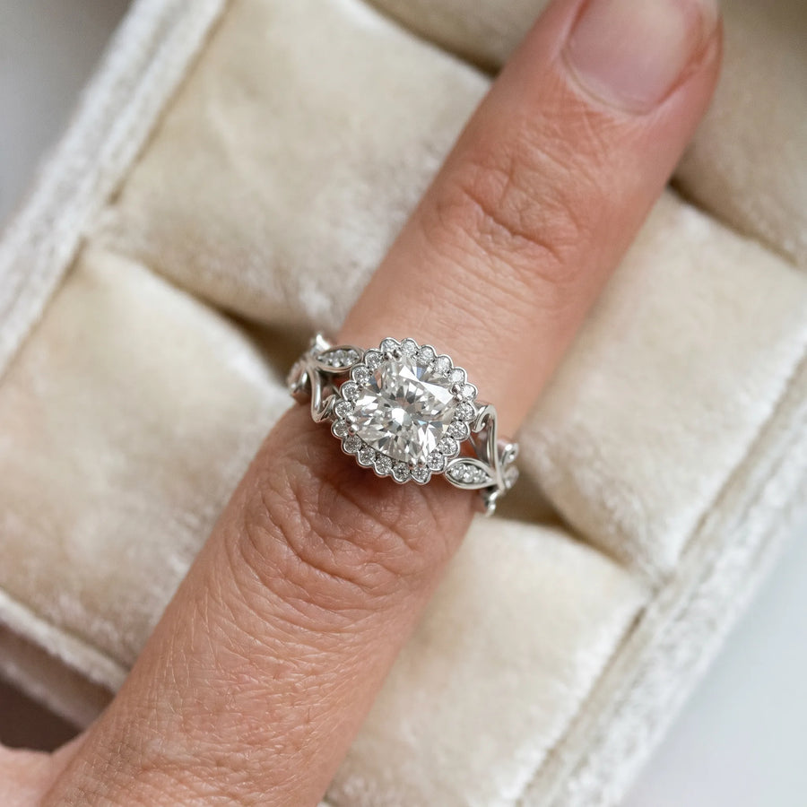 White gold Cushion Cut Diamond Halo Ring with Vintage Split Shank and Four-Prong Setting