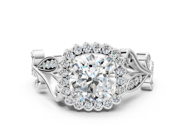 White gold Cushion Cut Diamond Halo Ring with Vintage Split Shank and Four-Prong Setting
