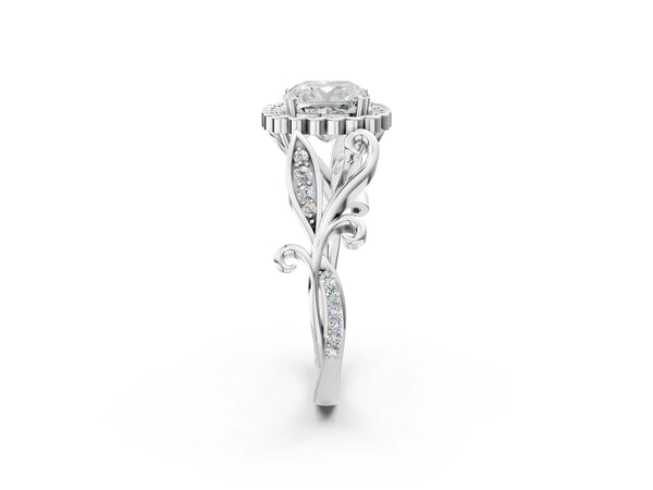 White gold Cushion Cut Diamond Halo Ring with Vintage Split Shank and Four-Prong Setting