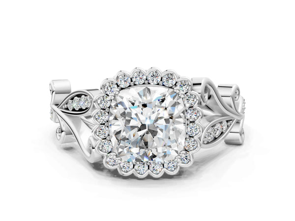White gold Cushion Cut Diamond Halo Ring with Vintage Split Shank and Four-Prong Setting