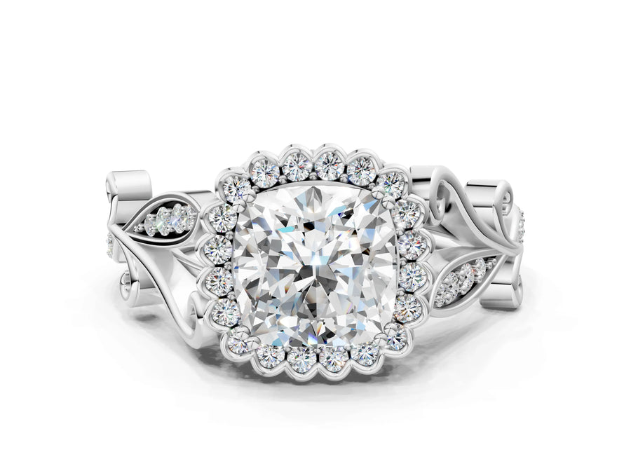 White gold Cushion Cut Diamond Halo Ring with Vintage Split Shank and Four-Prong Setting