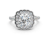 White gold Cushion Cut Diamond Milgrain Floral Halo Engagement Ring with Pavé Band_21