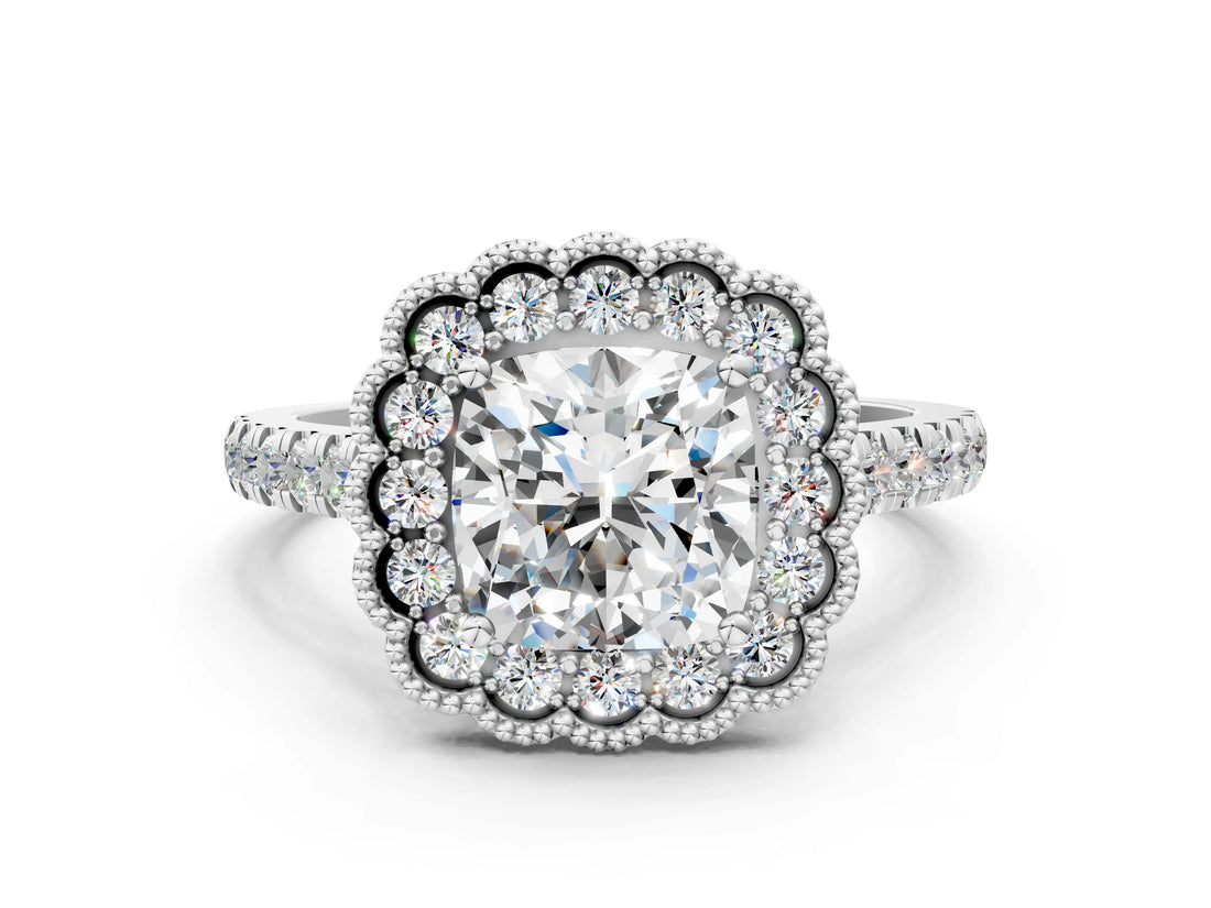 White gold Cushion Cut Diamond Milgrain Floral Halo Engagement Ring with Pavé Band_21