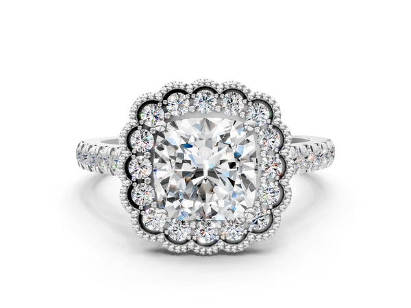 White gold Cushion Cut Diamond Milgrain Floral Halo Engagement Ring with Pavé Band
