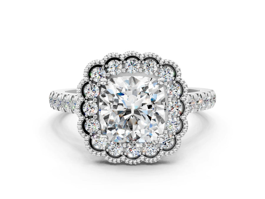 White gold Cushion Cut Diamond Milgrain Floral Halo Engagement Ring with Pavé Band