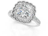 White gold Cushion Cut Diamond Milgrain Floral Halo Engagement Ring with Pavé Band_22