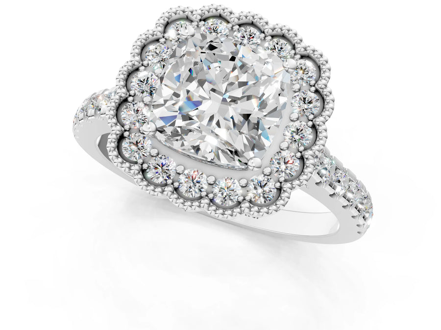 White gold Cushion Cut Diamond Milgrain Floral Halo Engagement Ring with Pavé Band
