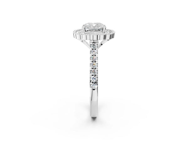 White gold Cushion Cut Diamond Milgrain Floral Halo Engagement Ring with Pavé Band