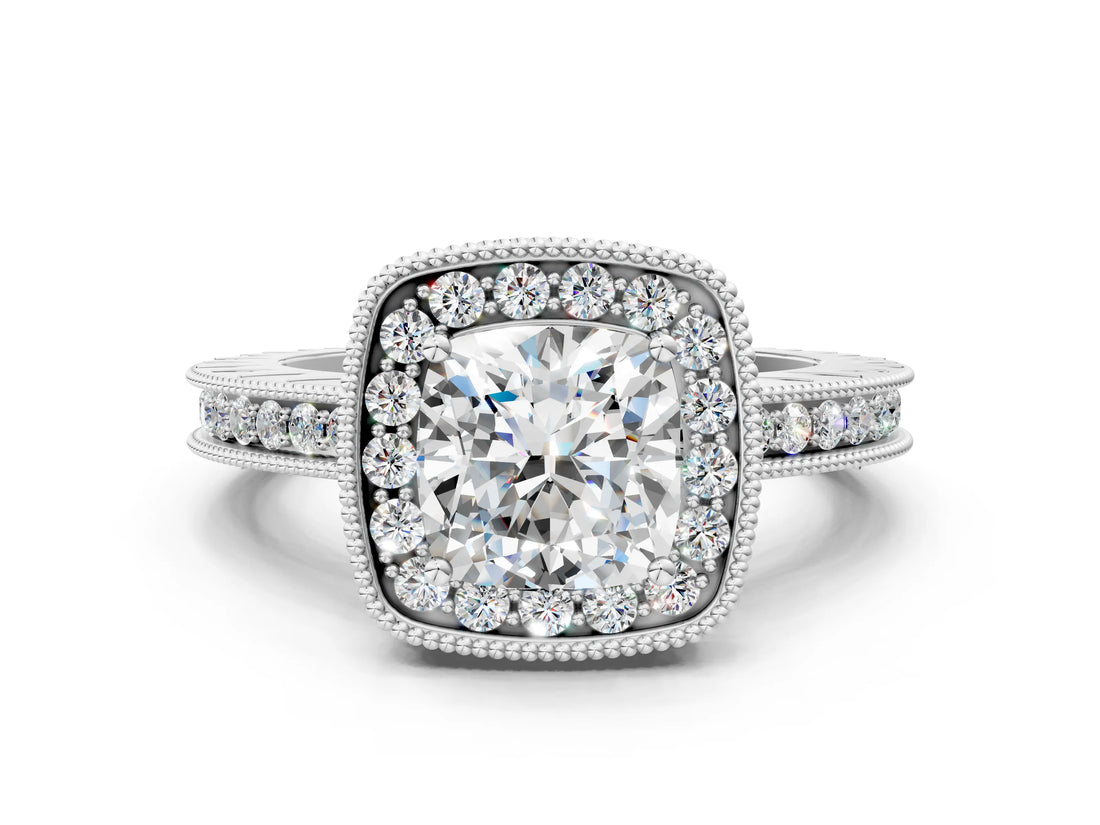 White gold Cushion Cut Diamond Milgrain Halo Engagement Ring with Round Pavé Band and Prong Setting_12