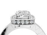 White gold Cushion Cut Diamond Milgrain Halo Engagement Ring with Round Pavé Band and Prong Setting_16
