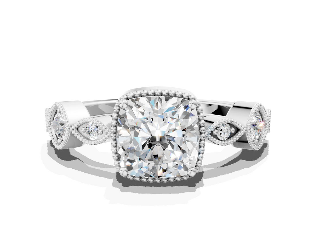 White gold Cushion Cut Diamond Milgrain Marquise Band with Prong Setting_5