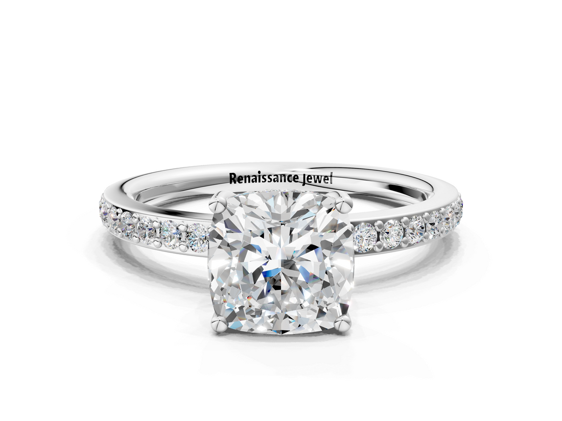 White gold Cushion Cut Diamond Pavé Band Ring with Four-Prong Setting_67