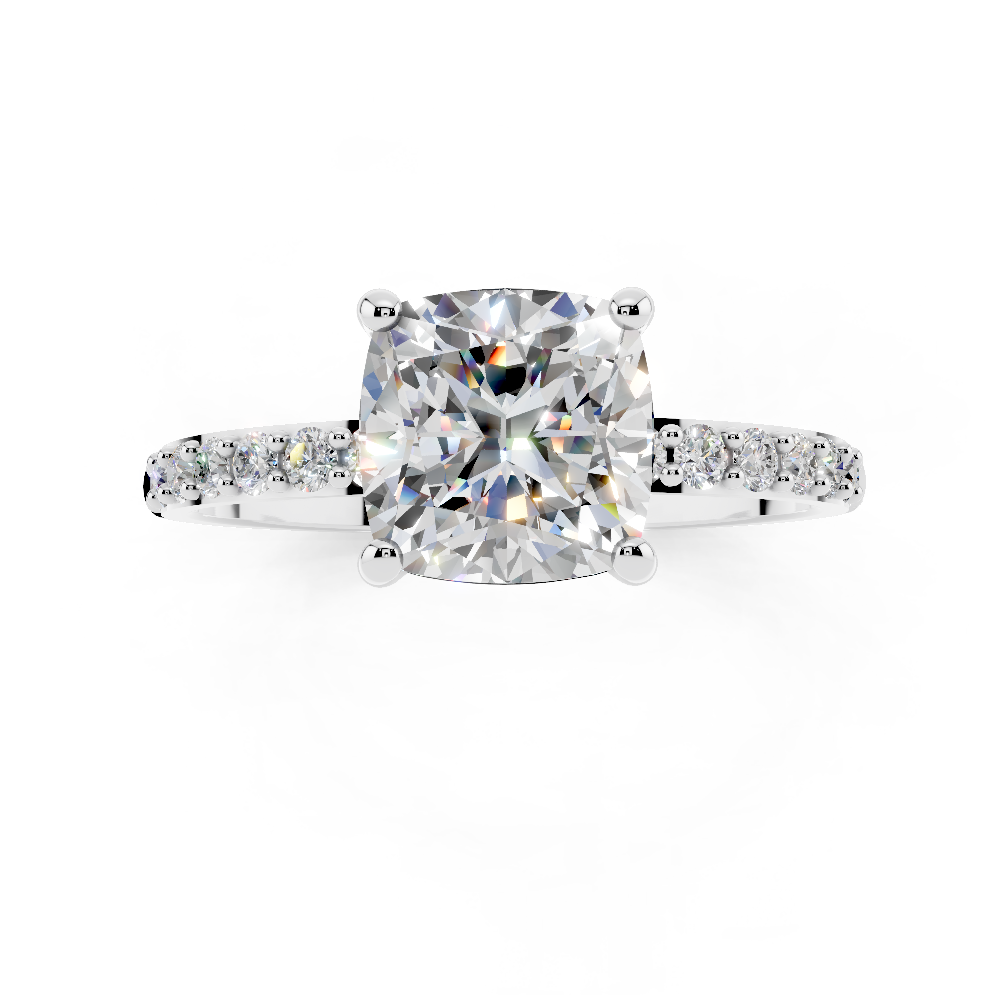 White gold Cushion Cut Diamond Pavé Band Solitaire Ring with Four-Prong Setting_10