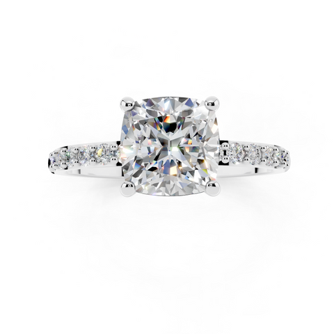 White gold Cushion Cut Diamond Pavé Band Solitaire Ring with Four-Prong Setting_10