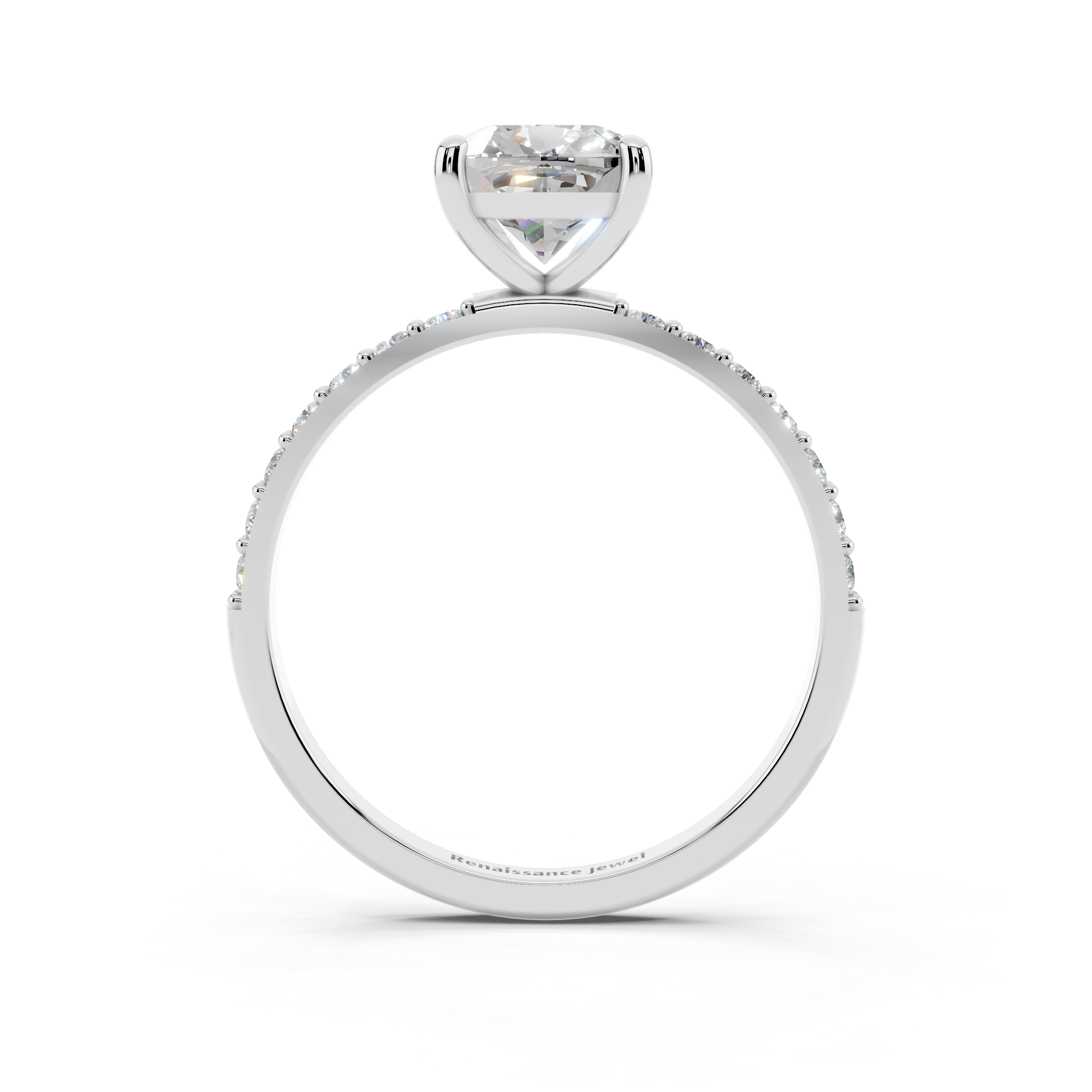 White gold Cushion Cut Diamond Pavé Band Solitaire Ring with Four-Prong Setting_11
