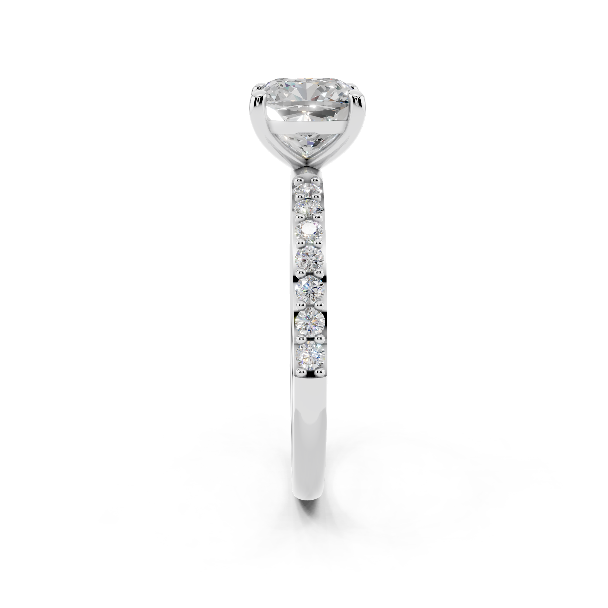 White gold Cushion Cut Diamond Pavé Band Solitaire Ring with Four-Prong Setting_12
