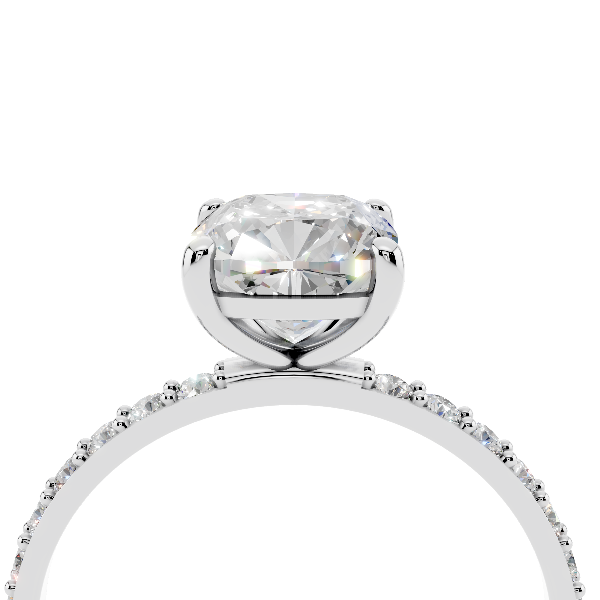 White gold Cushion Cut Diamond Pavé Band Solitaire Ring with Four-Prong Setting_14
