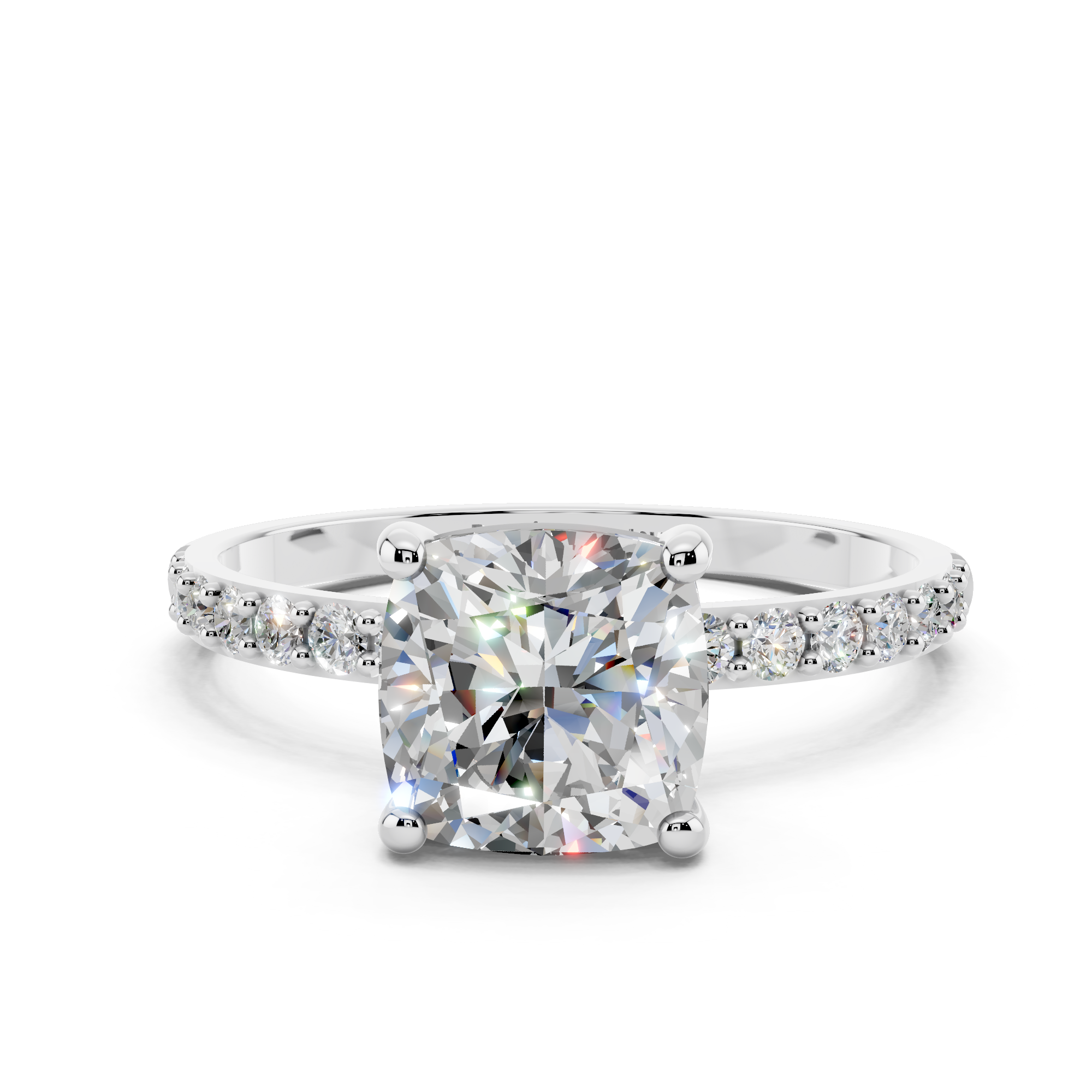 White gold Cushion Cut Diamond Pavé Band Solitaire Ring with Four-Prong Setting_25