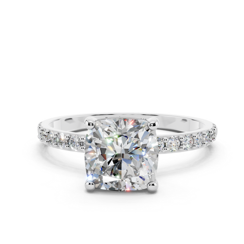 White gold Cushion Cut Diamond Pavé Band Solitaire Ring with Four-Prong Setting_25