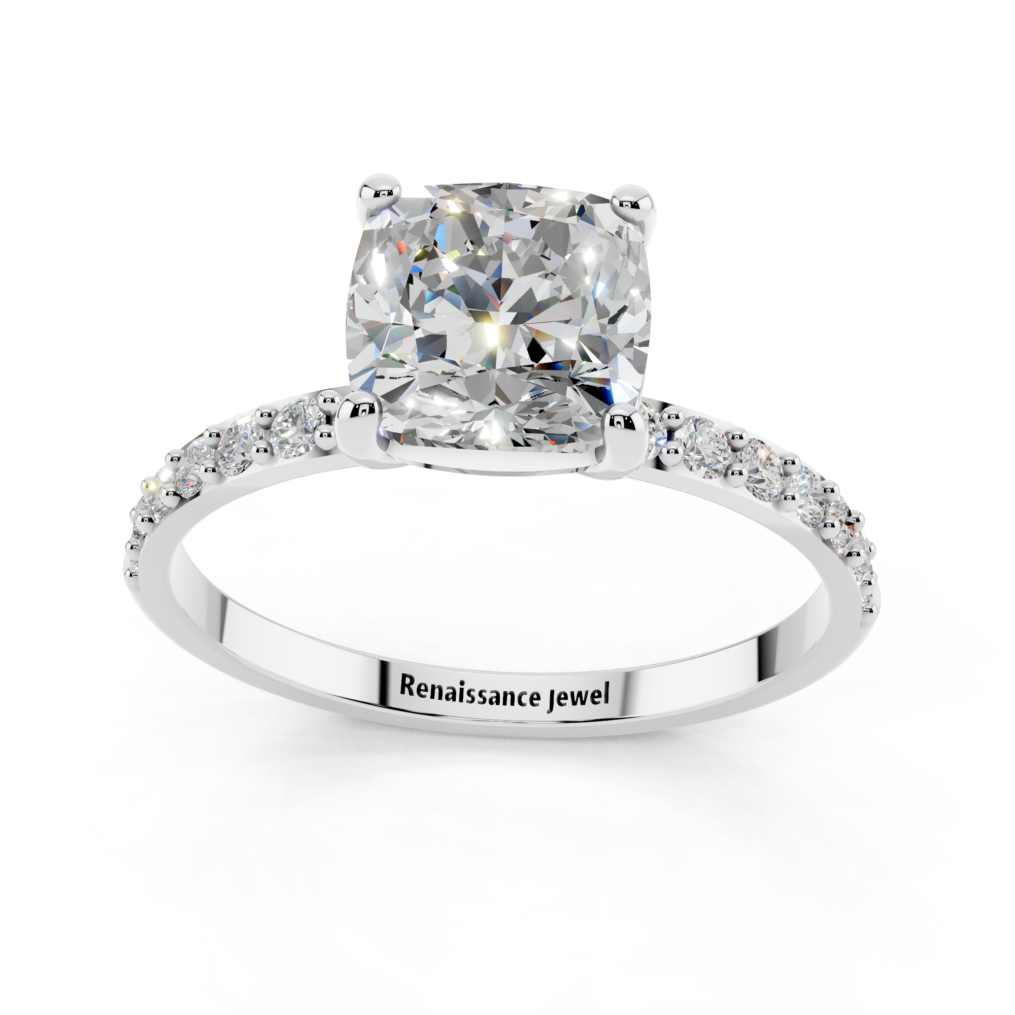 White gold Cushion Cut Diamond Pavé Band Solitaire Ring with Four-Prong Setting_9