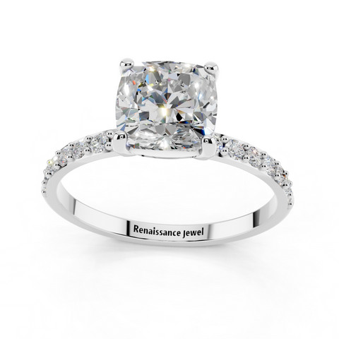 White gold Cushion Cut Diamond Pavé Band Solitaire Ring with Four-Prong Setting_9