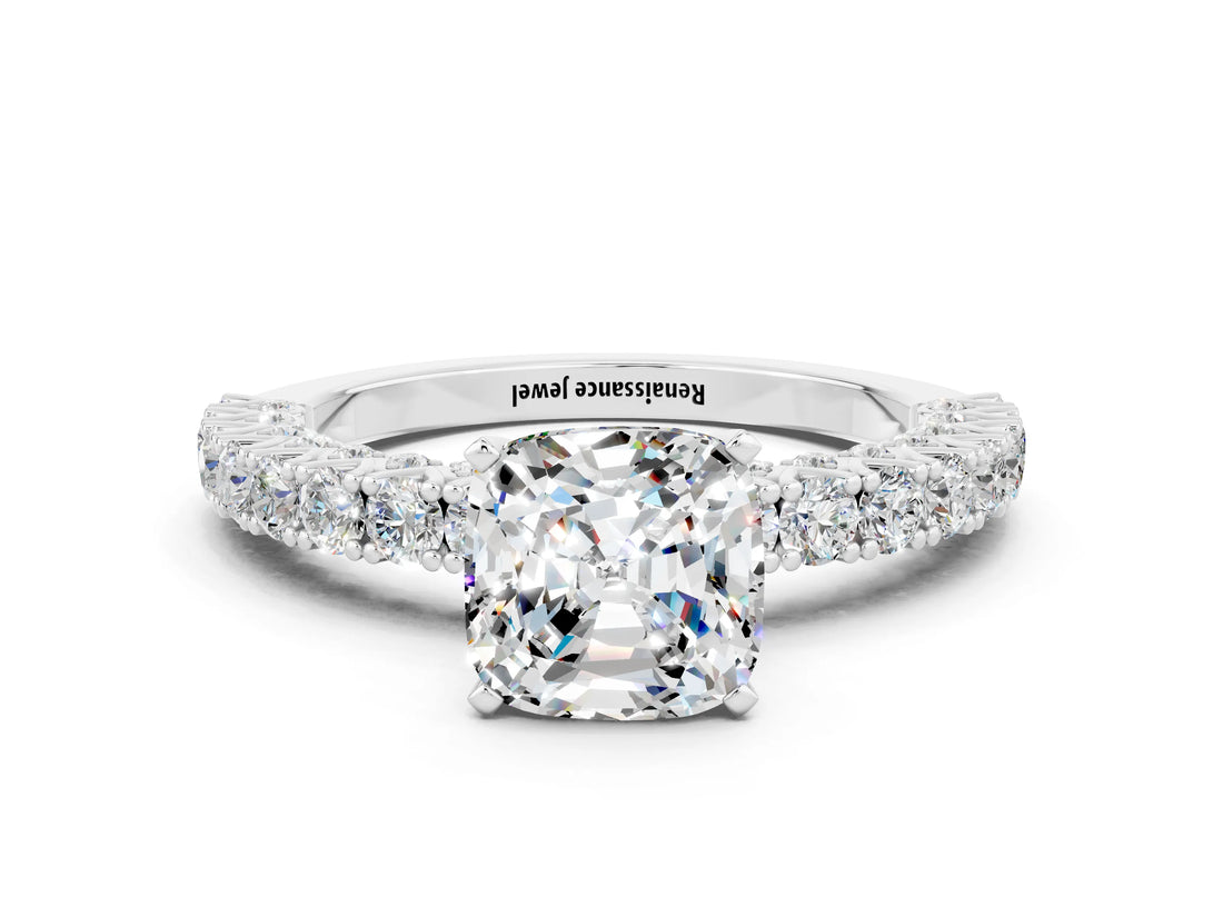 White gold Cushion Cut Diamond Pavé Band Solitaire Ring with Prong Setting
