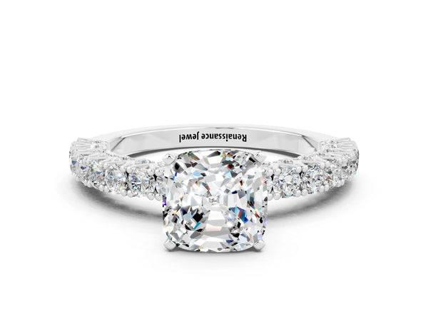 Platinum Cushion Cut Diamond Pavé Band Solitaire Ring with Prong Setting