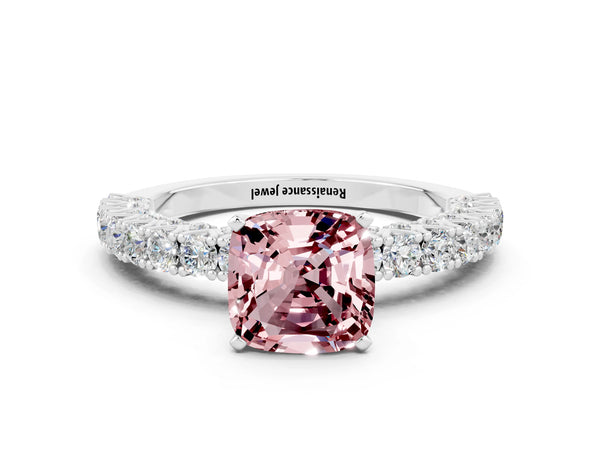 Silver Cushion Cut Diamond Pavé Band Solitaire Ring with Prong Setting
