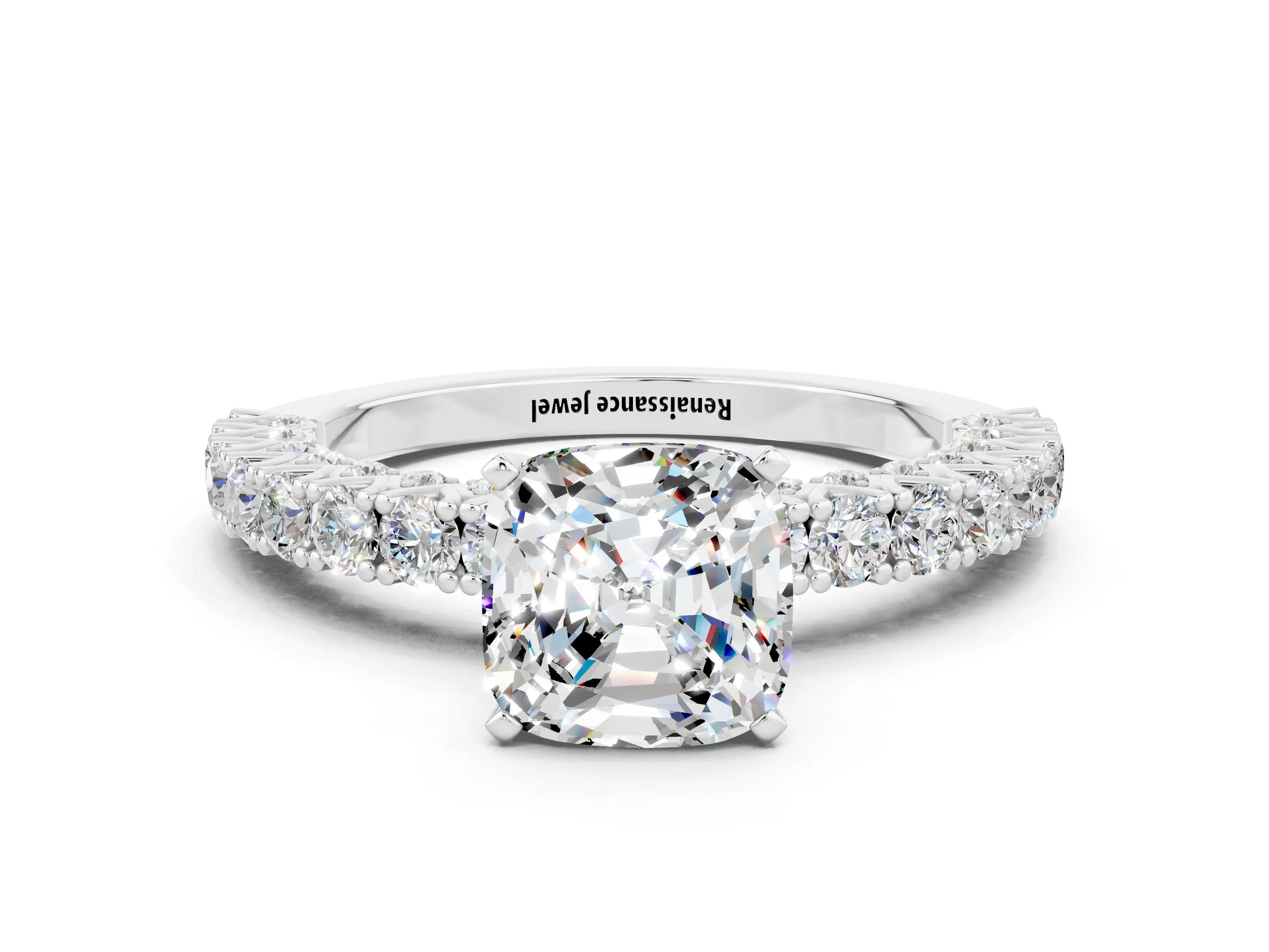 White gold Cushion Cut Diamond Pavé Band Solitaire Ring with Prong Setting