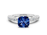 White gold Cushion Cut Diamond Pavé Band Solitaire Ring with Prong Setting