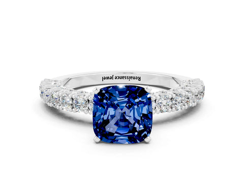 White gold Cushion Cut Diamond Pavé Band Solitaire Ring with Prong Setting