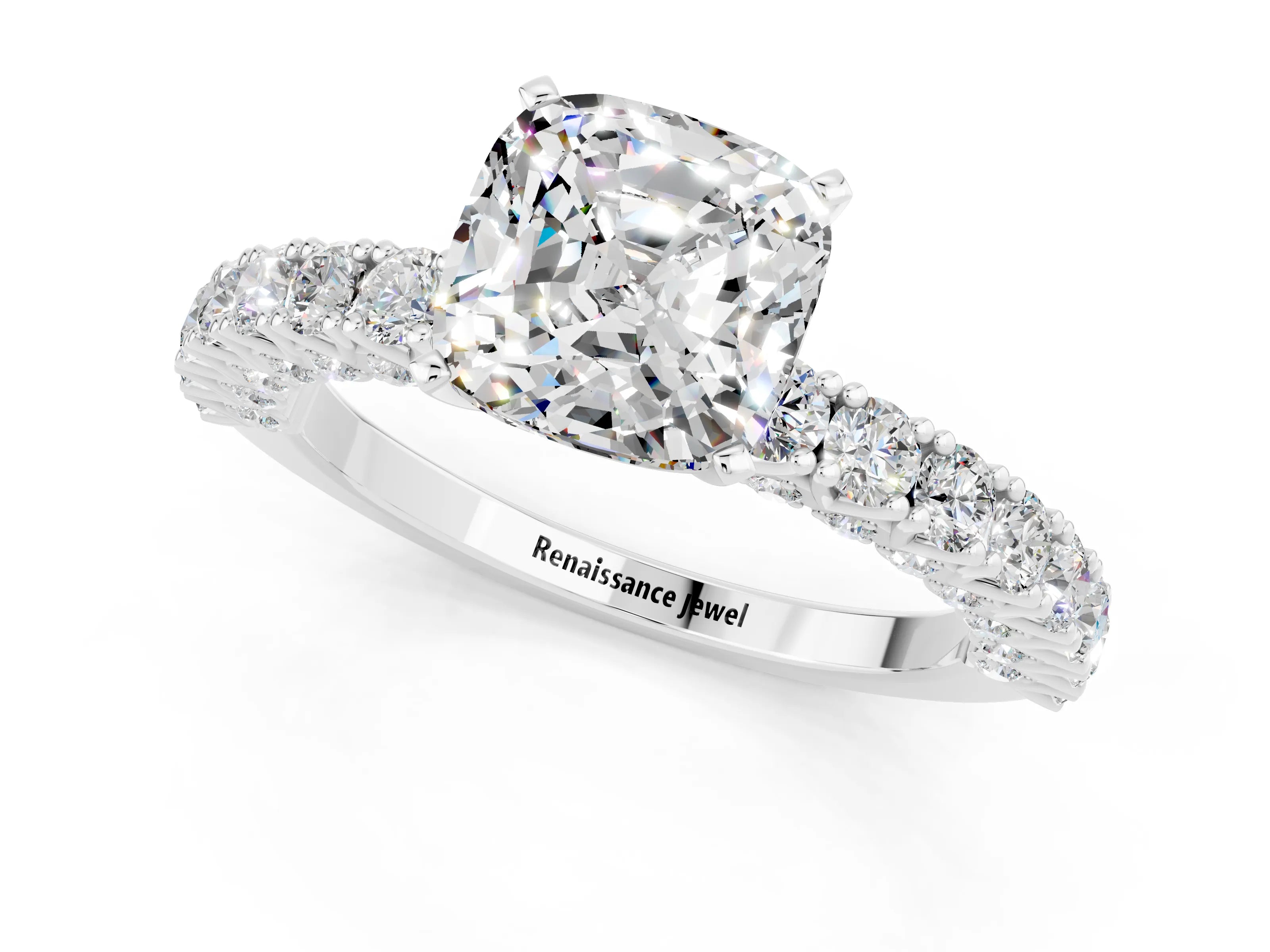 White gold Cushion Cut Diamond Pavé Band Solitaire Ring with Prong Setting_1