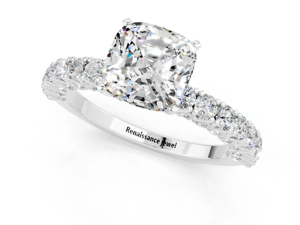 Platinum Cushion Cut Diamond Pavé Band Solitaire Ring with Prong Setting