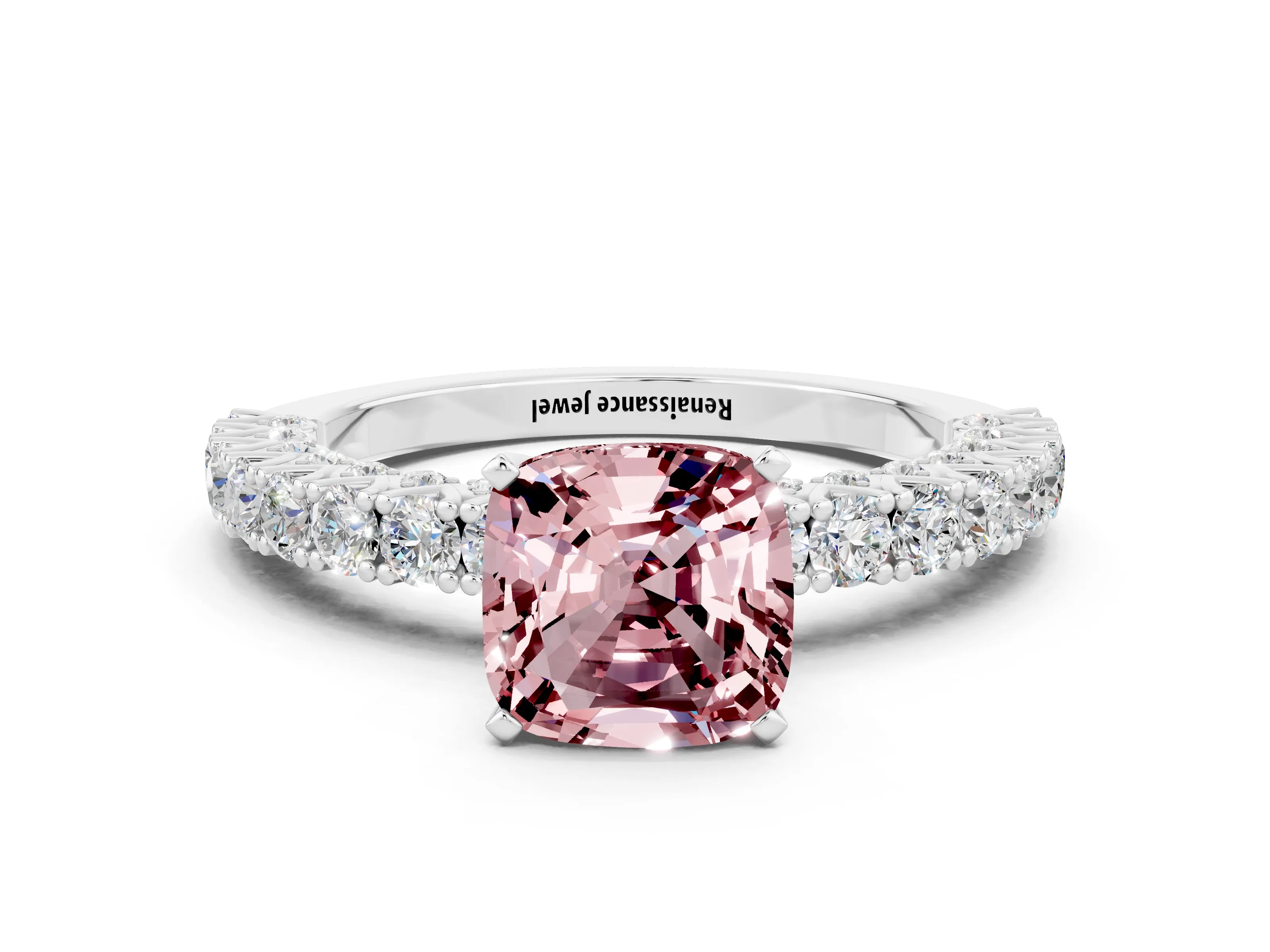 White gold Cushion Cut Diamond Pavé Band Solitaire Ring with Prong Setting