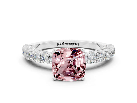 White gold Cushion Cut Diamond Pavé Band Solitaire Ring with Prong Setting