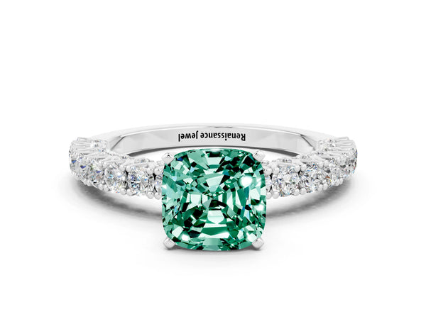 Platinum Cushion Cut Diamond Pavé Band Solitaire Ring with Prong Setting