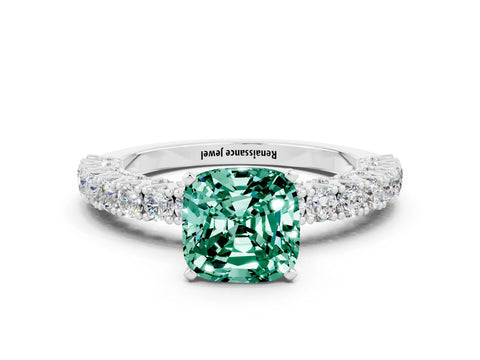 White gold Cushion Cut Diamond Pavé Band Solitaire Ring with Prong Setting