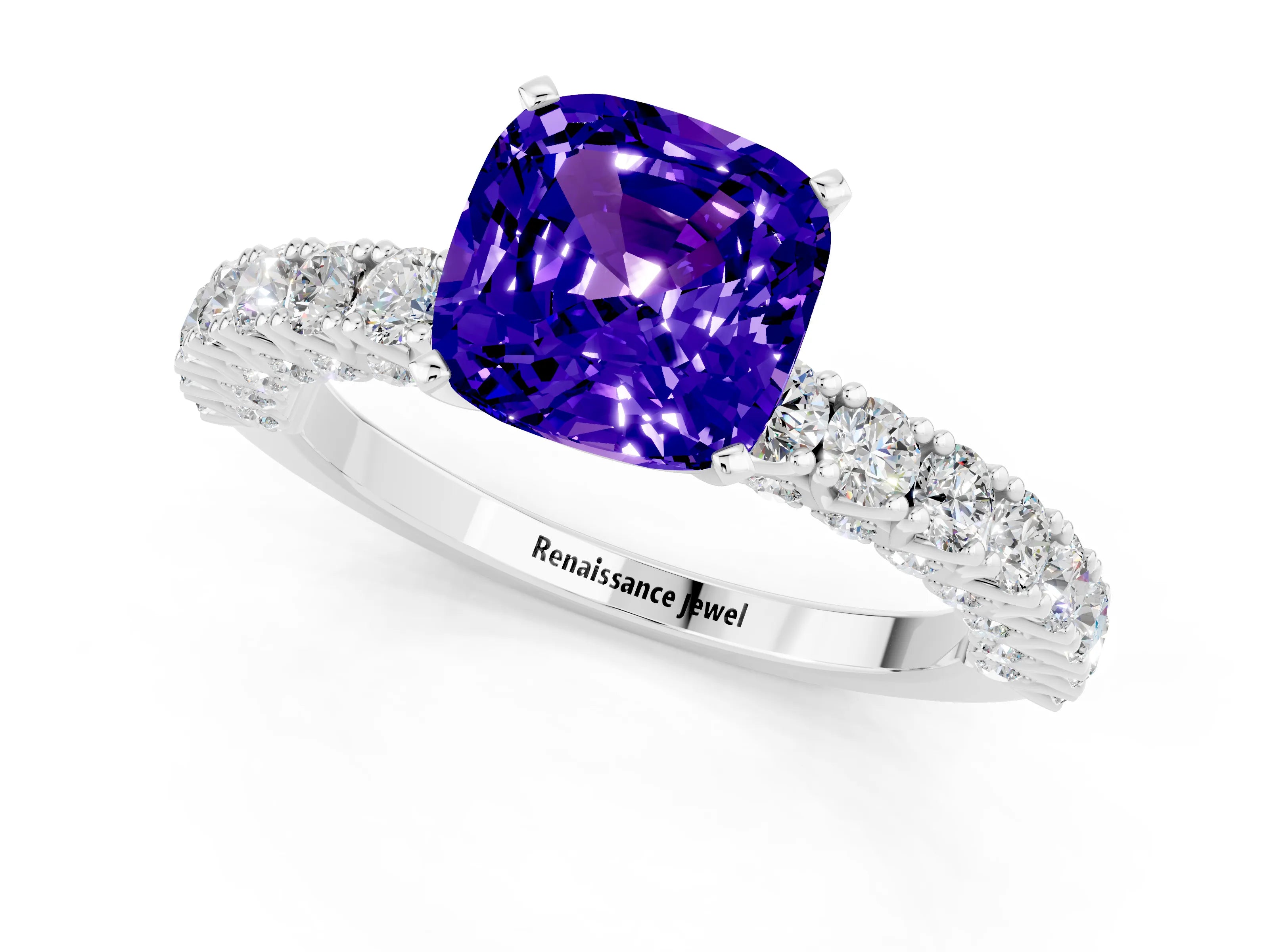 White gold Cushion Cut Diamond Pavé Band Solitaire Ring with Prong Setting_1
