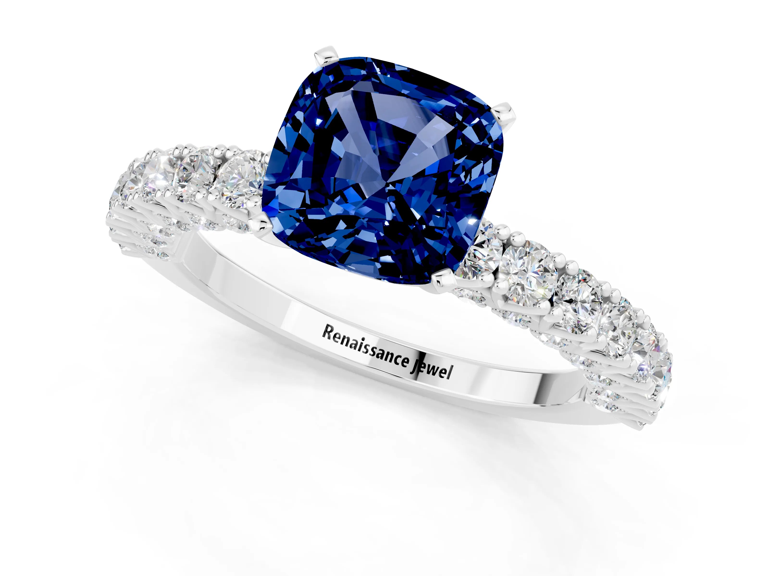 White gold Cushion Cut Diamond Pavé Band Solitaire Ring with Prong Setting_1