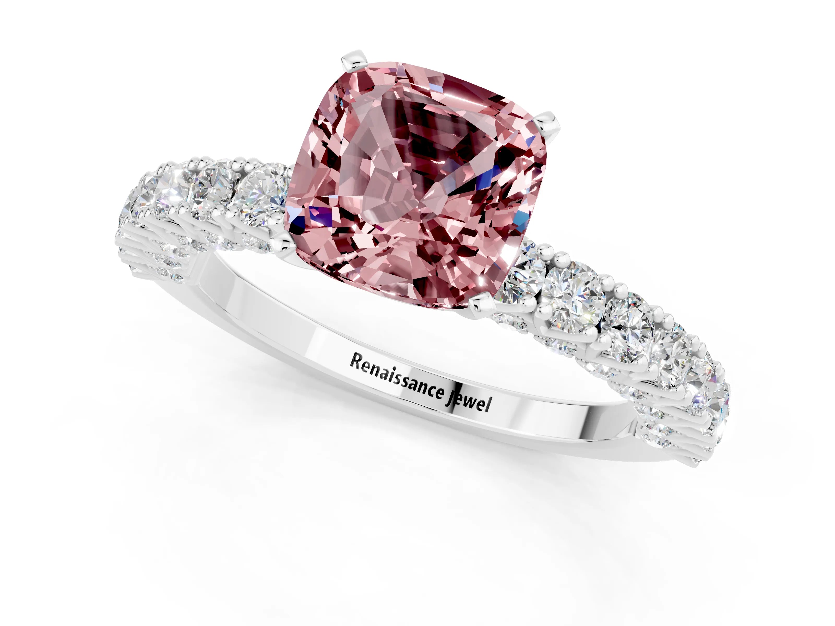 White gold Cushion Cut Diamond Pavé Band Solitaire Ring with Prong Setting_1