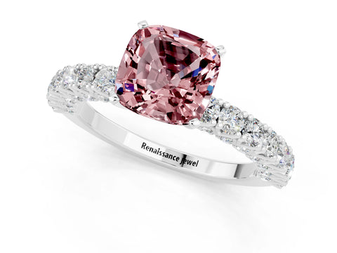 White gold Cushion Cut Diamond Pavé Band Solitaire Ring with Prong Setting_1