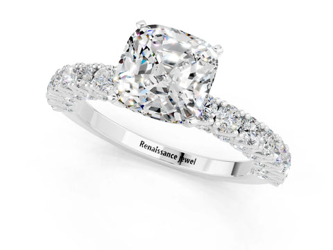 White gold Cushion Cut Diamond Pavé Band Solitaire Ring with Prong Setting_1