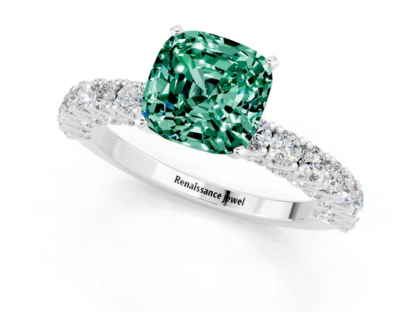Silver Cushion Cut Diamond Pavé Band Solitaire Ring with Prong Setting