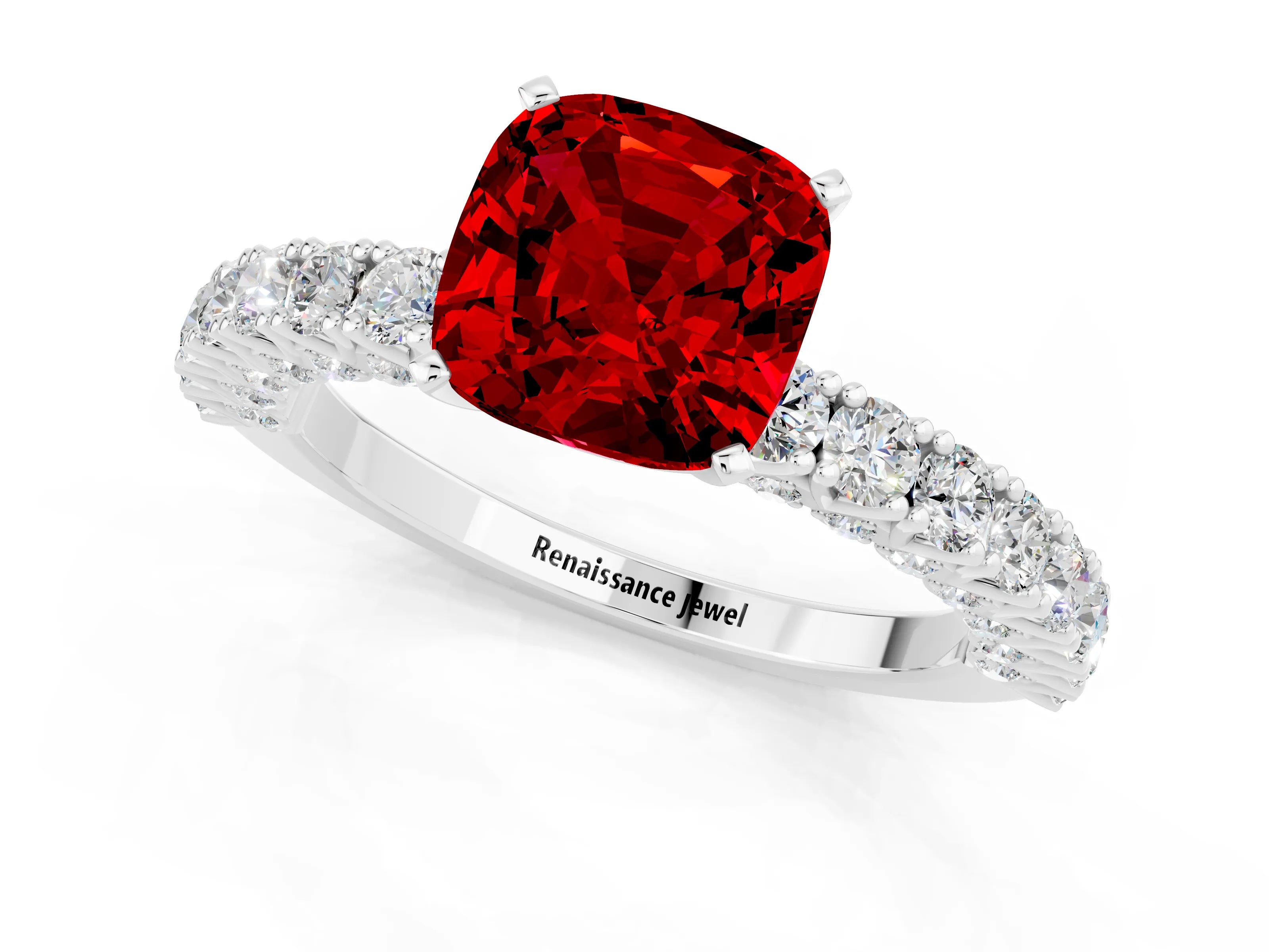 White gold Cushion Cut Diamond Pavé Band Solitaire Ring with Prong Setting_1