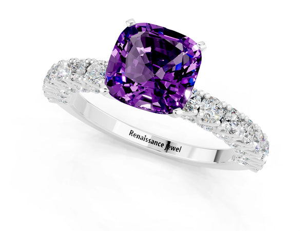 Platinum Cushion Cut Amethyst Solitaire Ring with Round Accent Pavé Band and Prong Setting