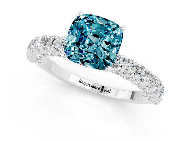 Platinum Cushion Cut Diamond Pavé Band Solitaire Ring with Prong Setting